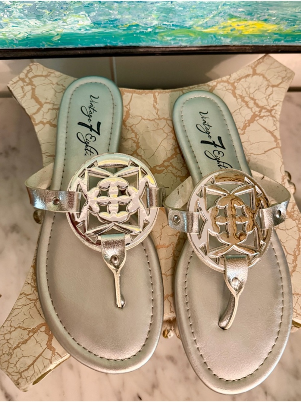 Vintage Seven Eight Silver Metallic Thong Sandals - Women's